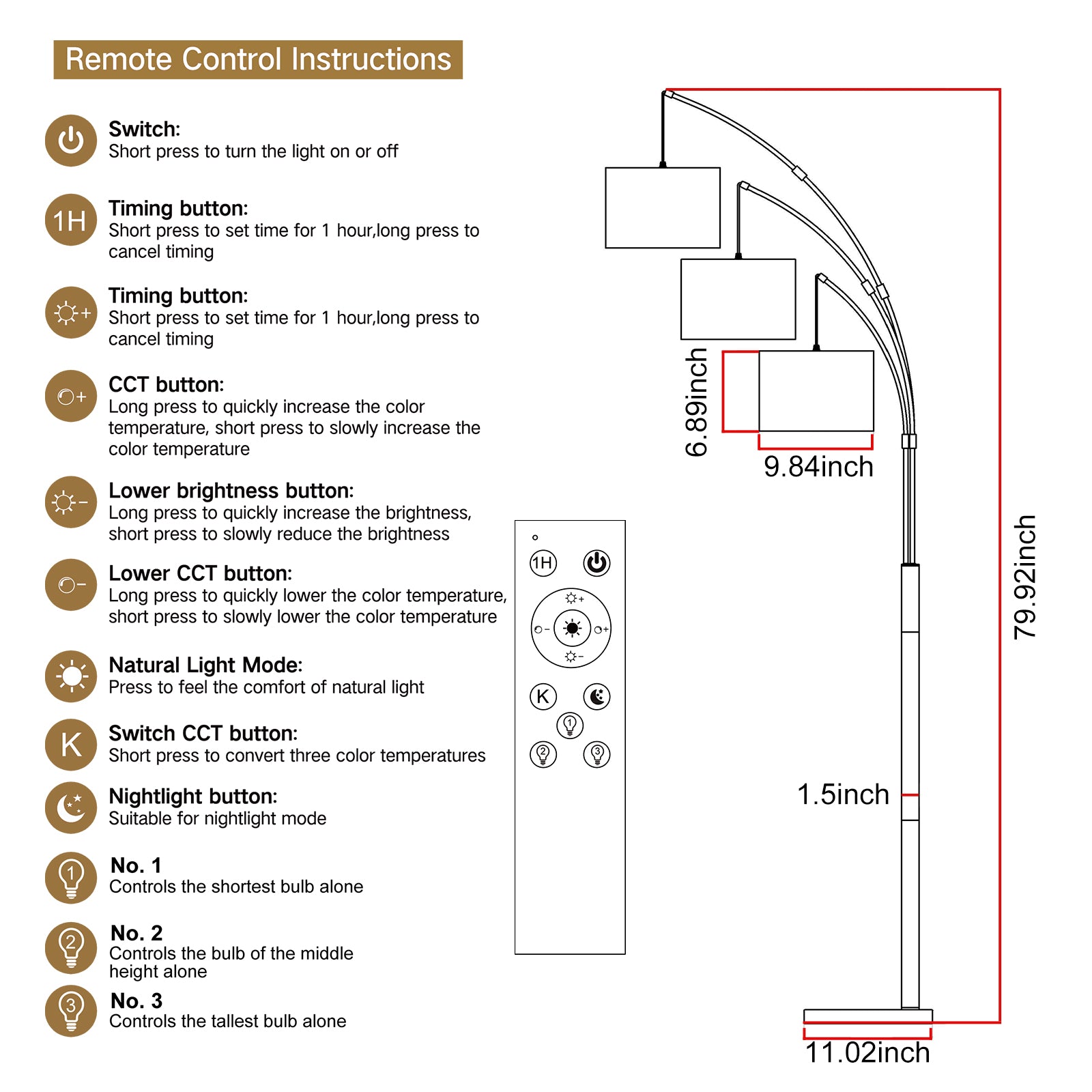Adjustable Floor Lamp for Living Room with Three Head Knob-Controlled Lamp
