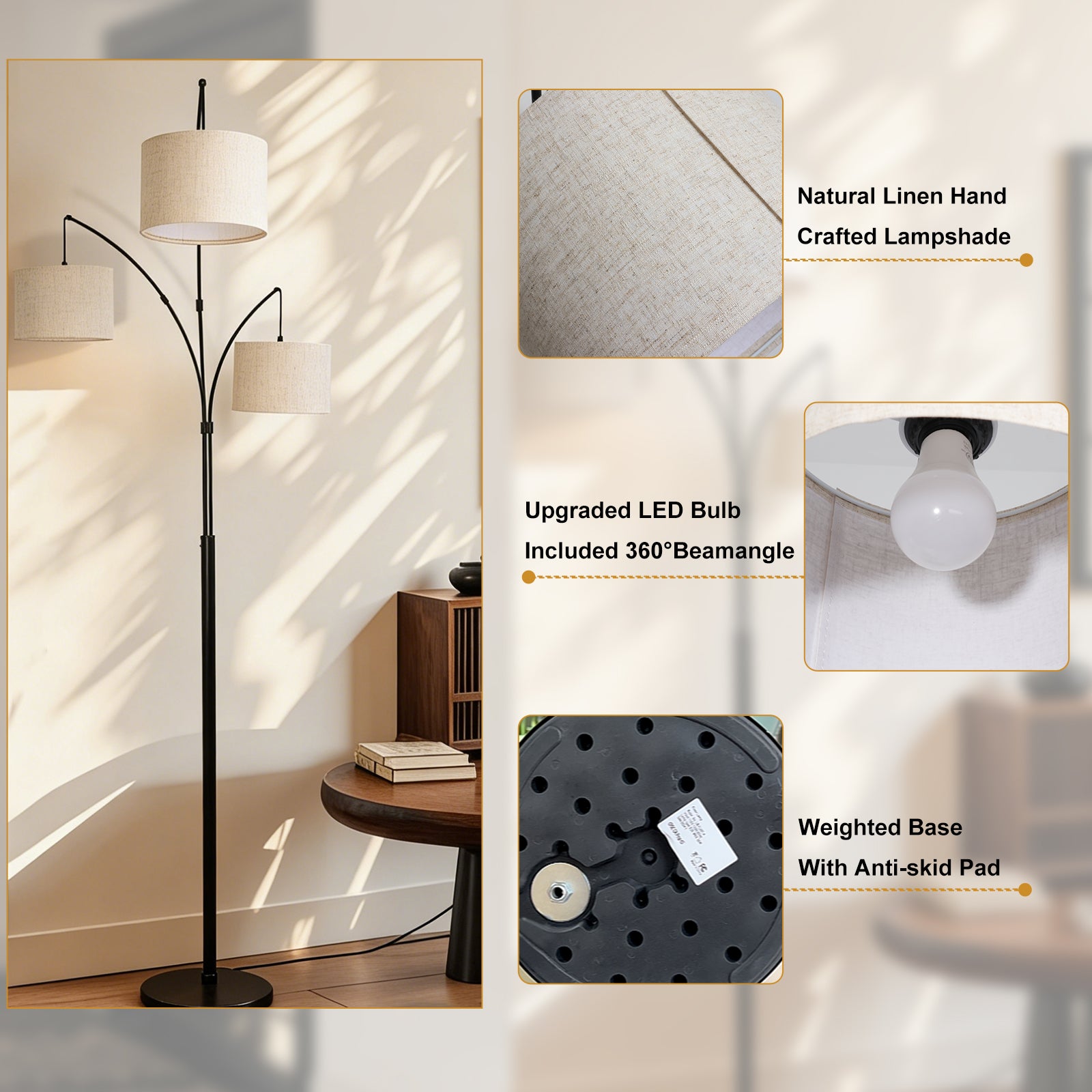 Adjustable Floor Lamp for Living Room with Three Head Knob-Controlled Lamp