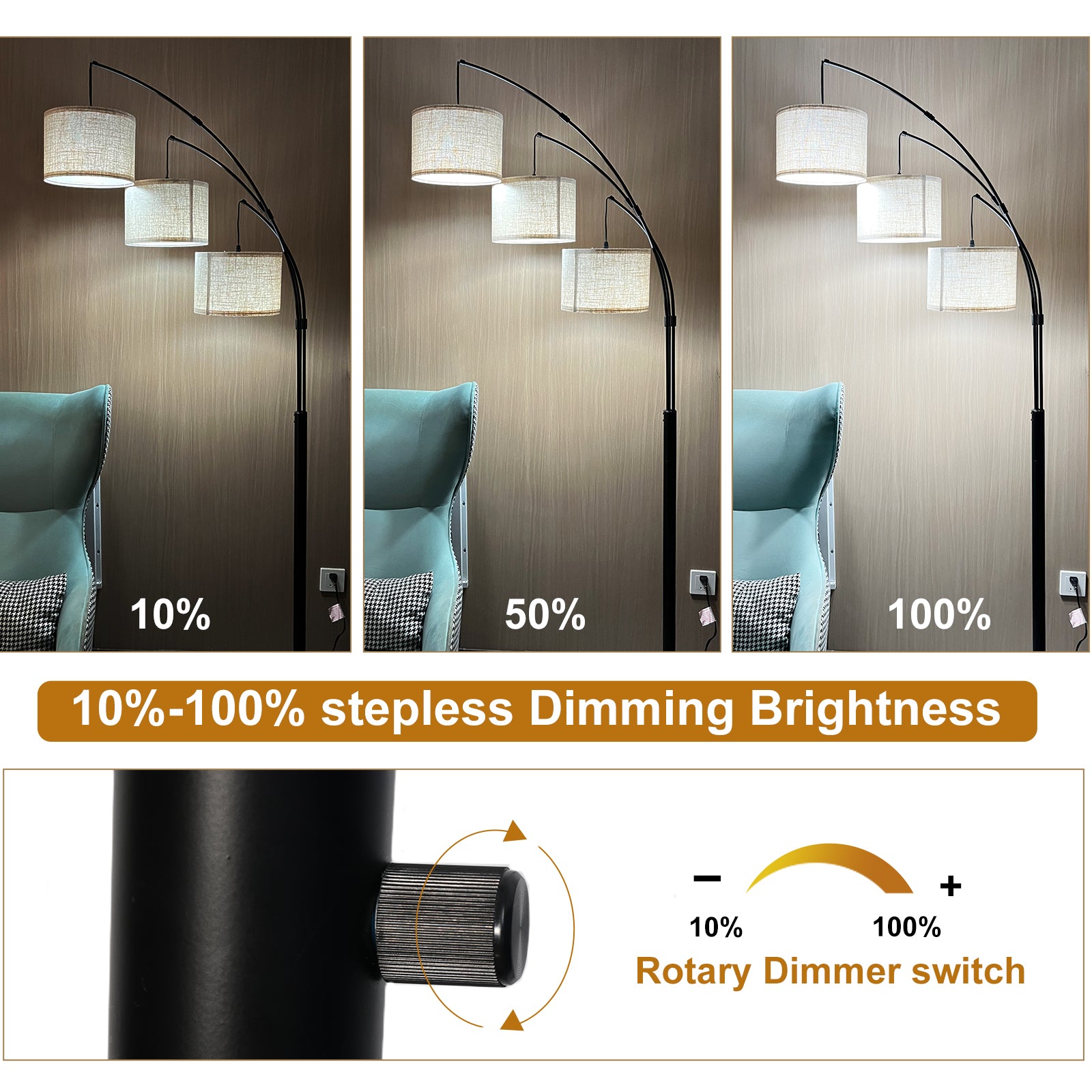 Adjustable Floor Lamp for Living Room with Three Head Knob-Controlled Lamp